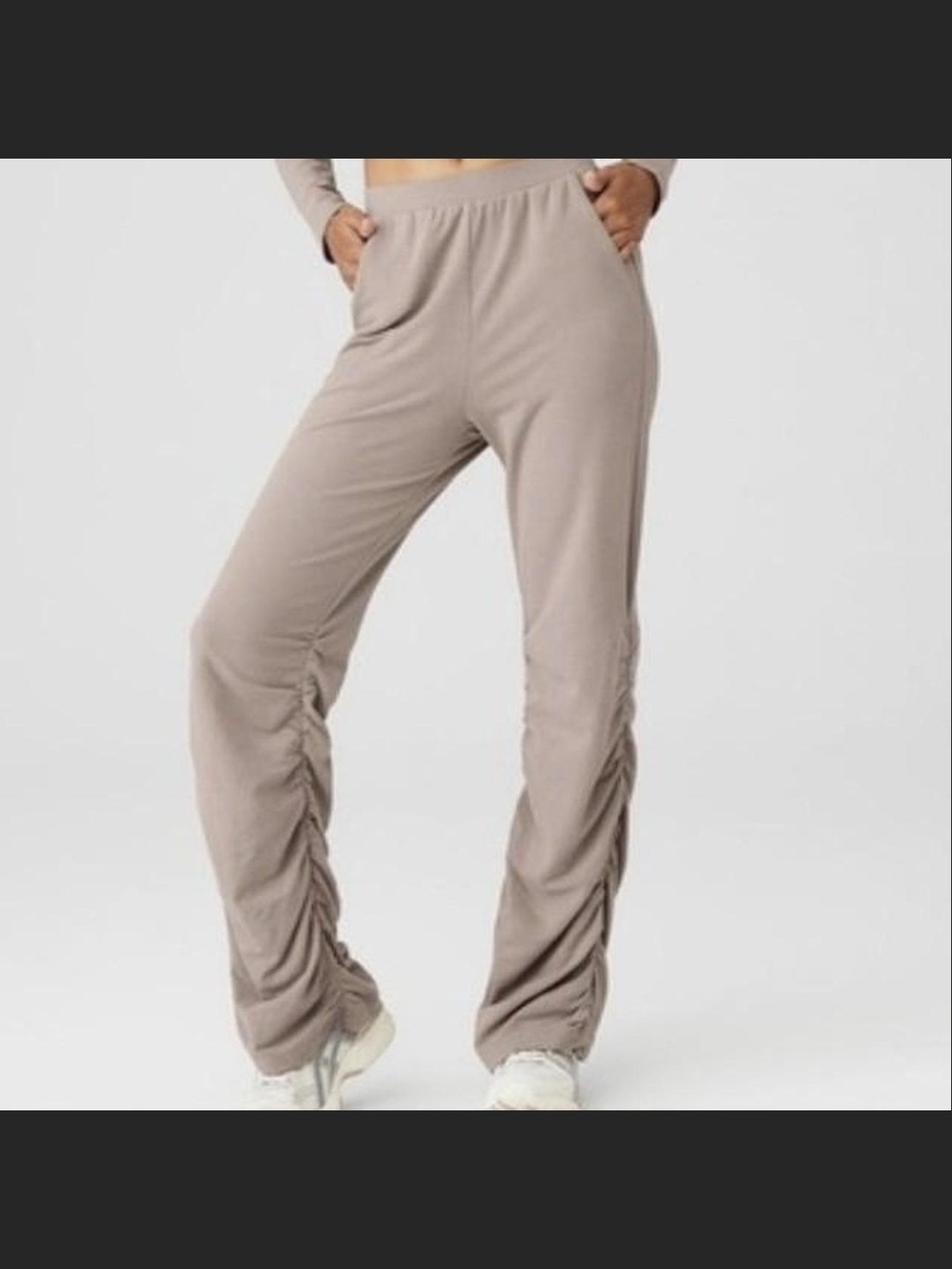 ALO Yoga Ruched Wide-Leg Track Pants in Taupe